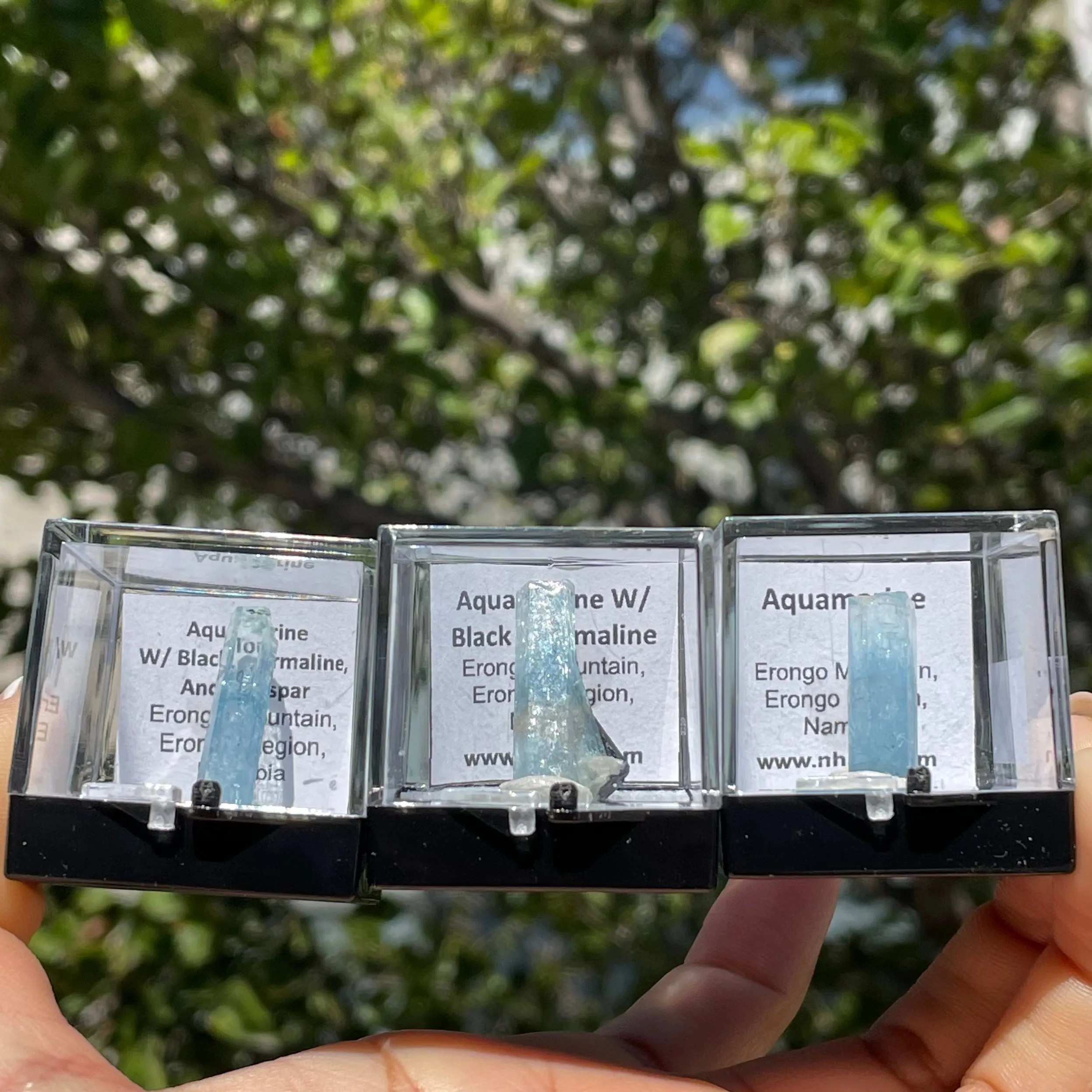 1 Set of 3 Bright Blue Aquamarine and Aquamarine w. Black Tourmaline from Erongo Mountain, Namibia
