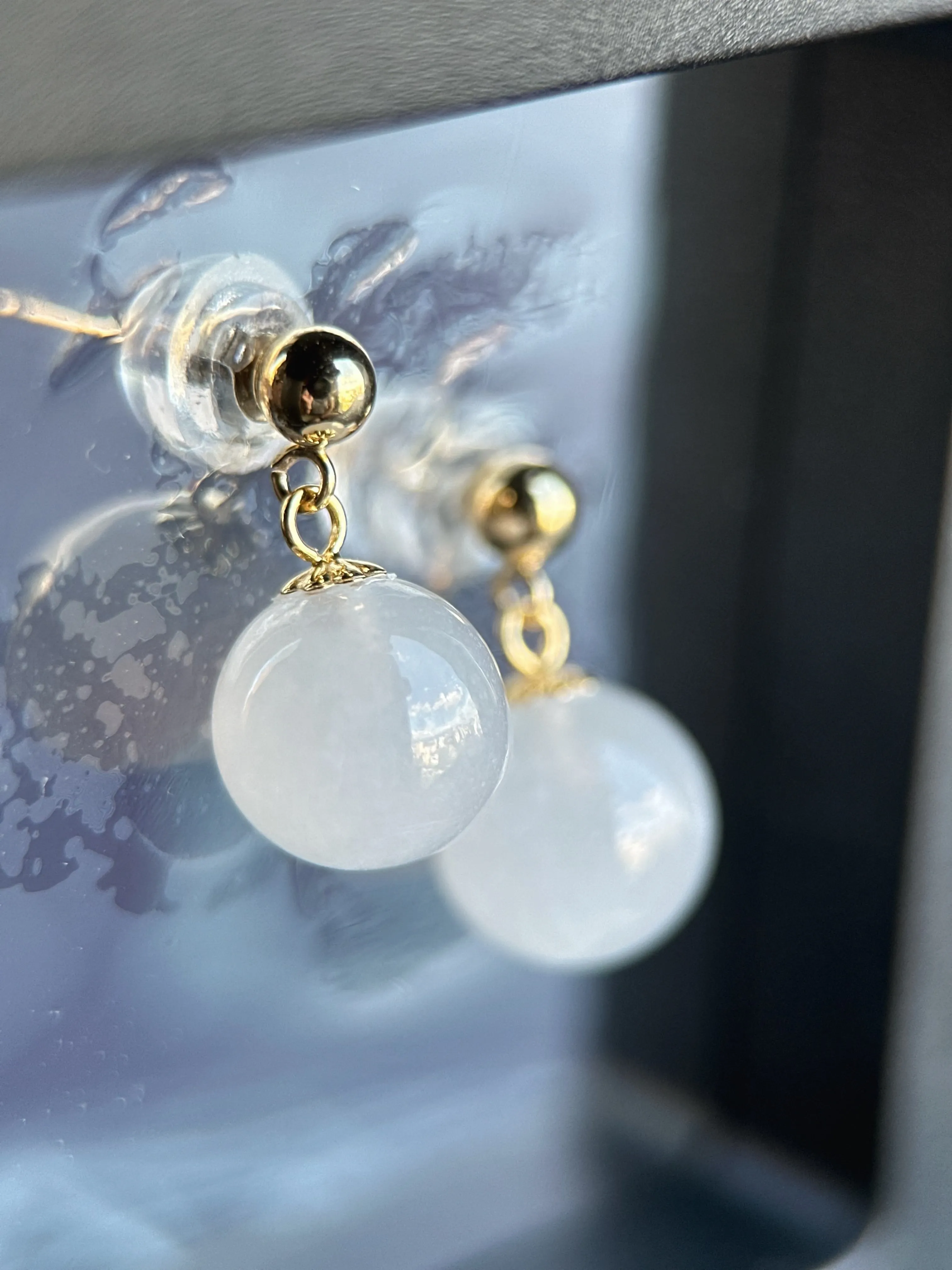 102288 Icy Lotus Pink Jade Bead Earring with 18K Yellow Gold