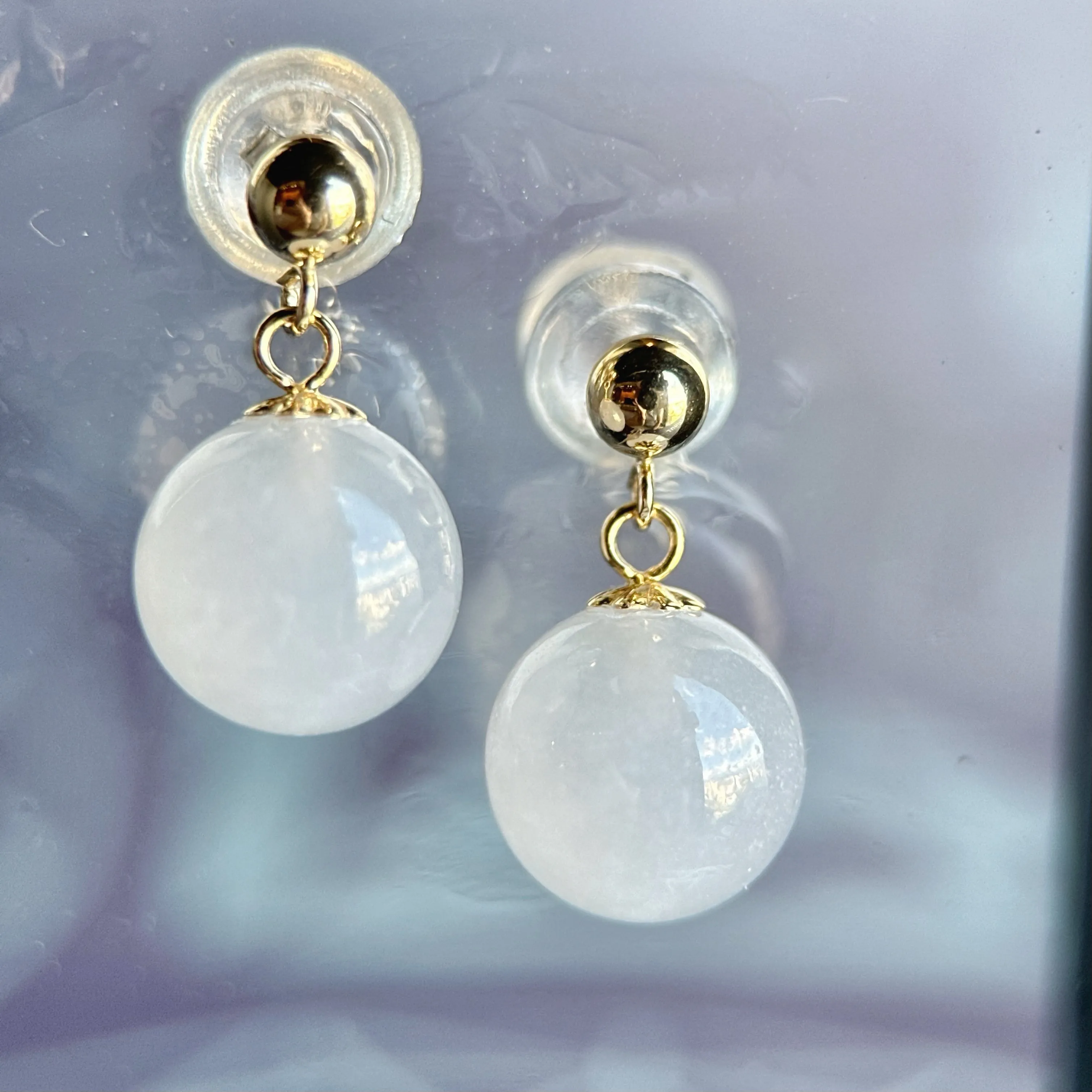 102288 Icy Lotus Pink Jade Bead Earring with 18K Yellow Gold