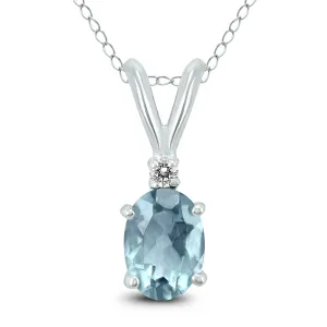 14K White Gold 6X4Mm Oval Aquamarine And Diamond Pendant