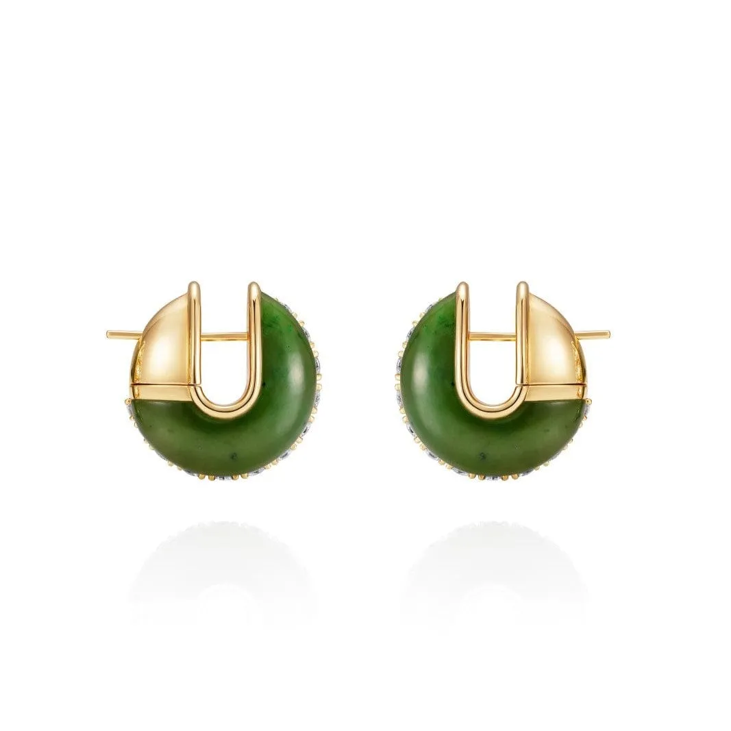 18K Yellow Gold Diamond and Nephrite Jade Fluid Huggie Earrings