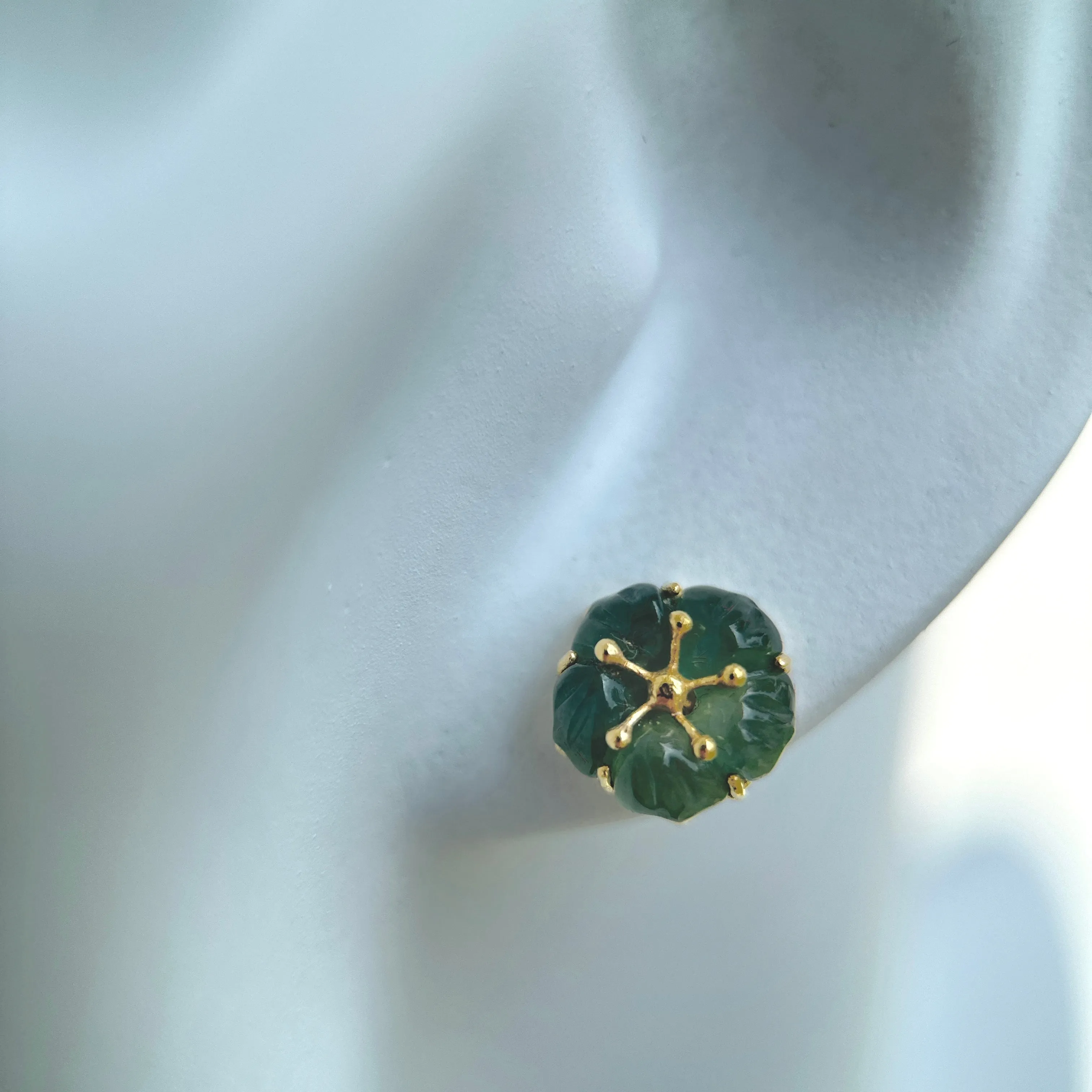 61489 Highly Translucent Bluish Green Jade Stud Earring with 22K Yellow Gold