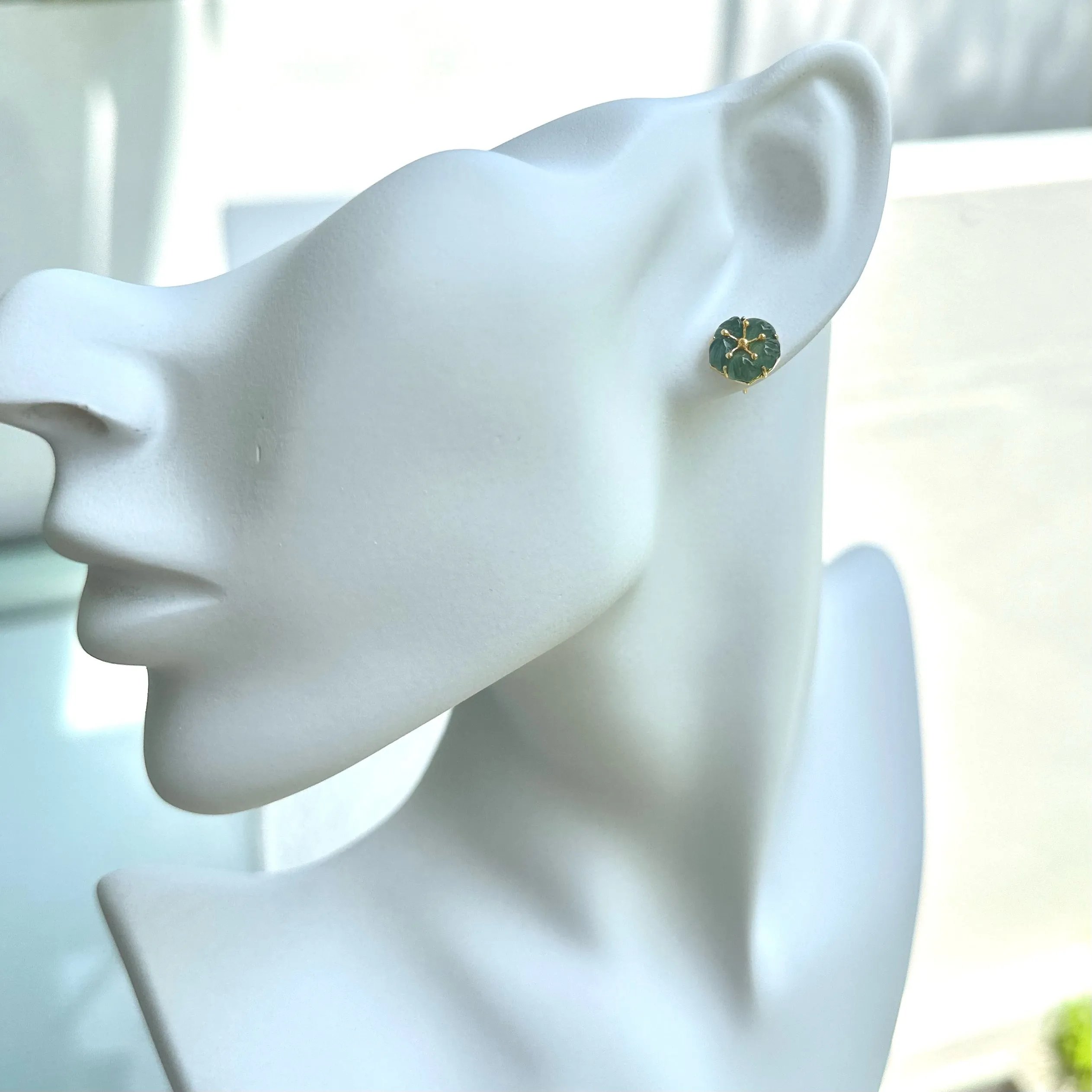 61489 Highly Translucent Bluish Green Jade Stud Earring with 22K Yellow Gold