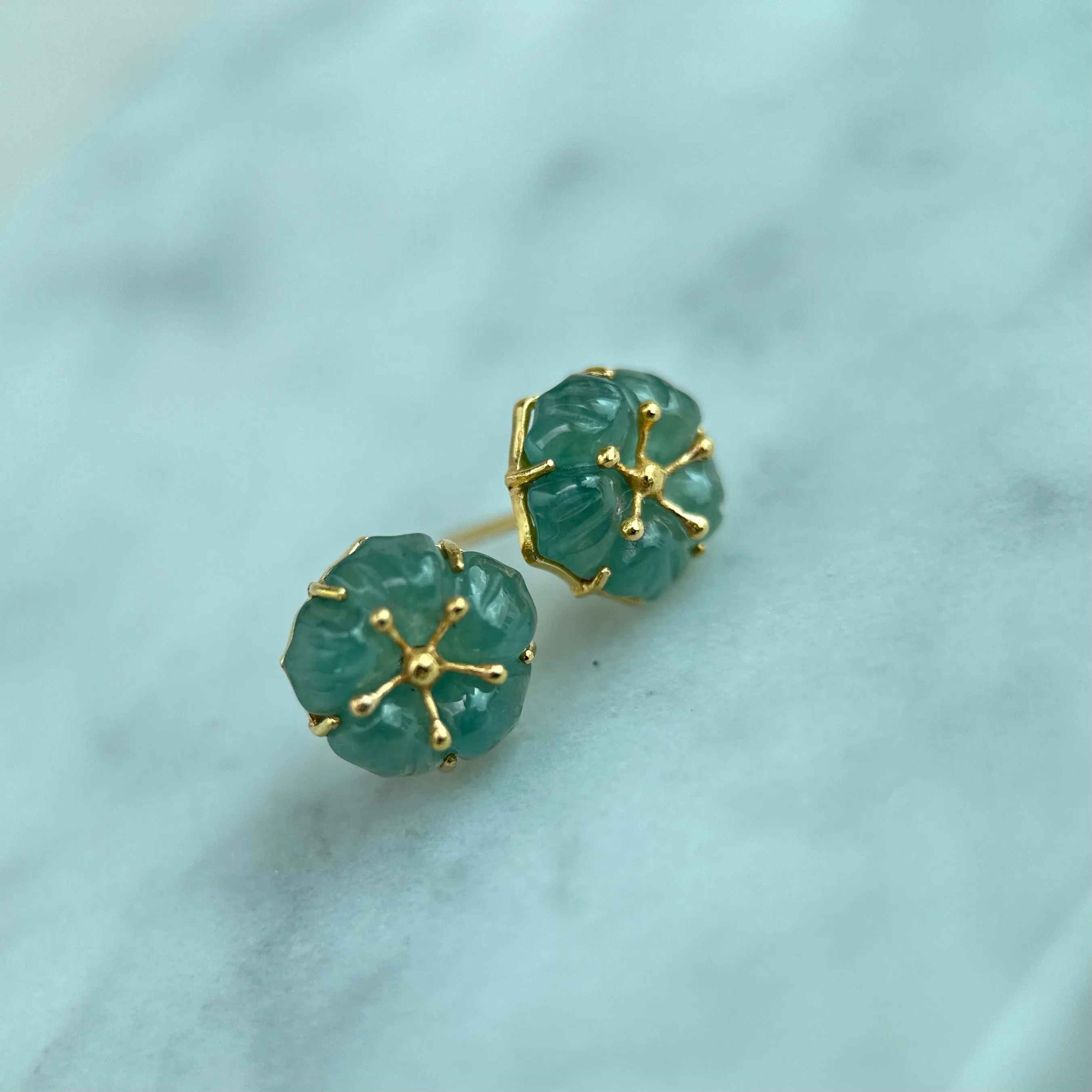 61489 Highly Translucent Bluish Green Jade Stud Earring with 22K Yellow Gold