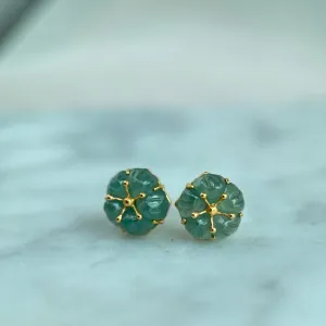 61489 Highly Translucent Bluish Green Jade Stud Earring with 22K Yellow Gold