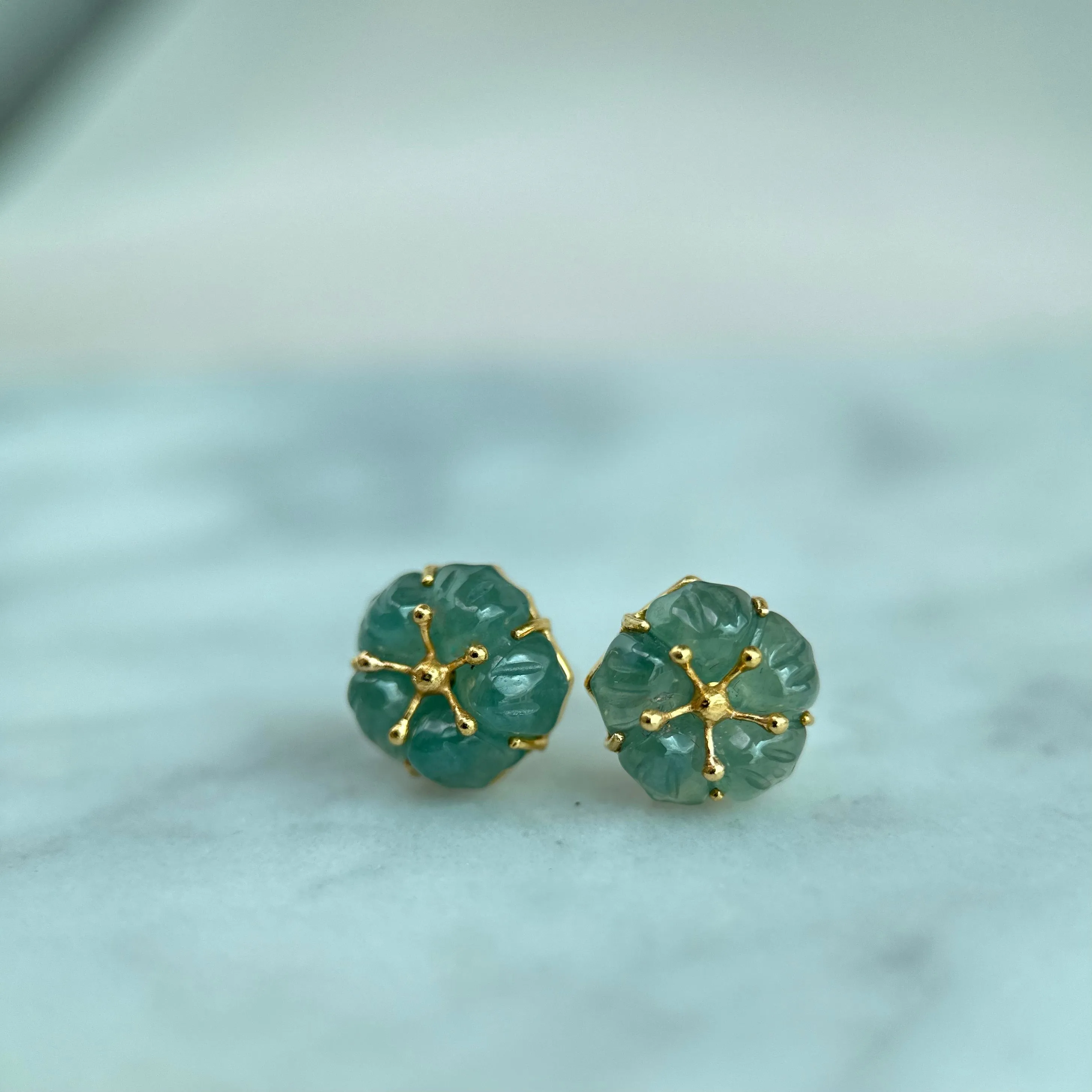 61489 Highly Translucent Bluish Green Jade Stud Earring with 22K Yellow Gold