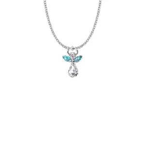 7/8 Inch Silver Plated Glass Crystal March Aquamarine Birthstone Angel Necklace