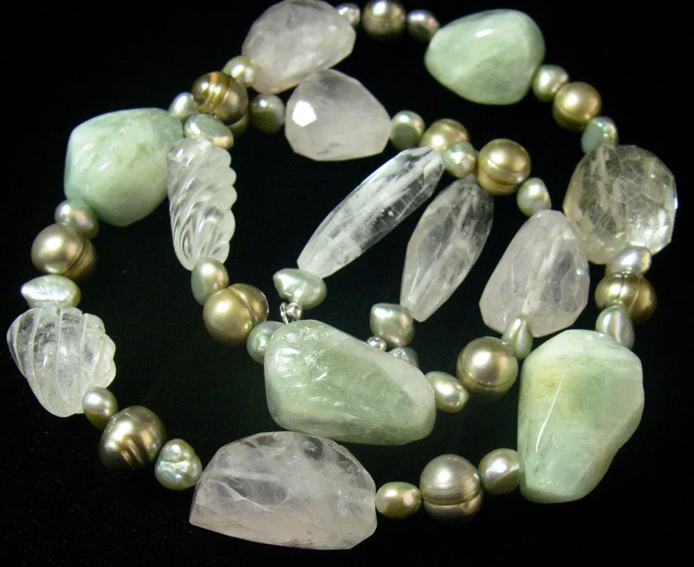 Aquamarine, Rose & Rutilated Quartz Silver Necklace