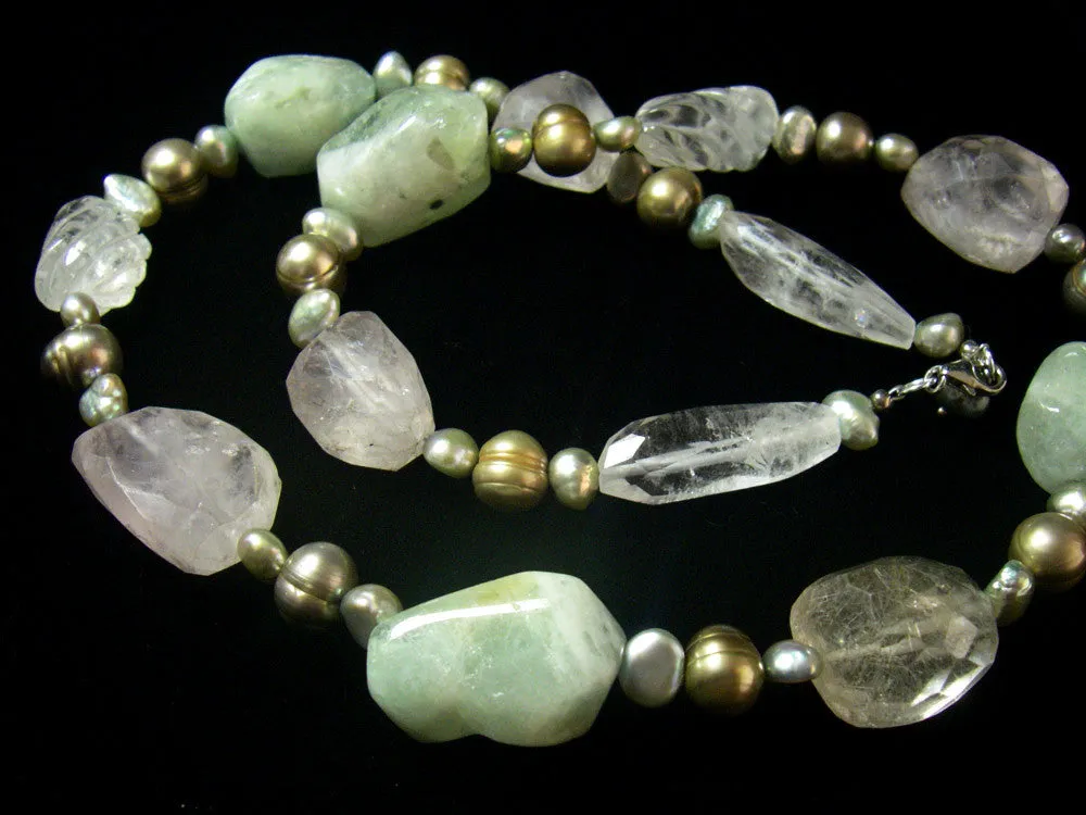 Aquamarine, Rose & Rutilated Quartz Silver Necklace