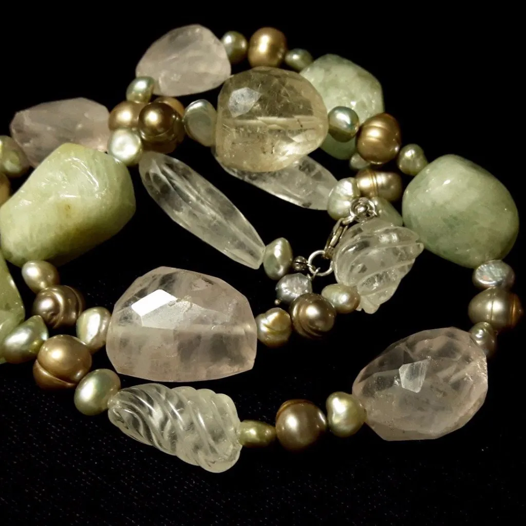 Aquamarine, Rose & Rutilated Quartz Silver Necklace