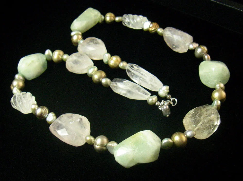 Aquamarine, Rose & Rutilated Quartz Silver Necklace