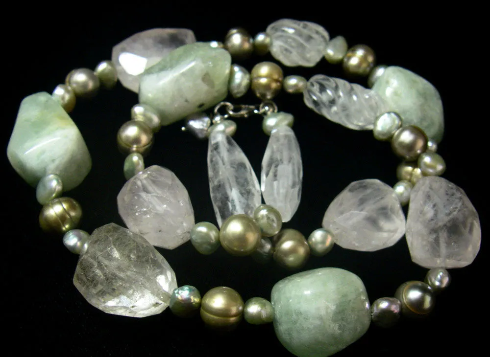 Aquamarine, Rose & Rutilated Quartz Silver Necklace