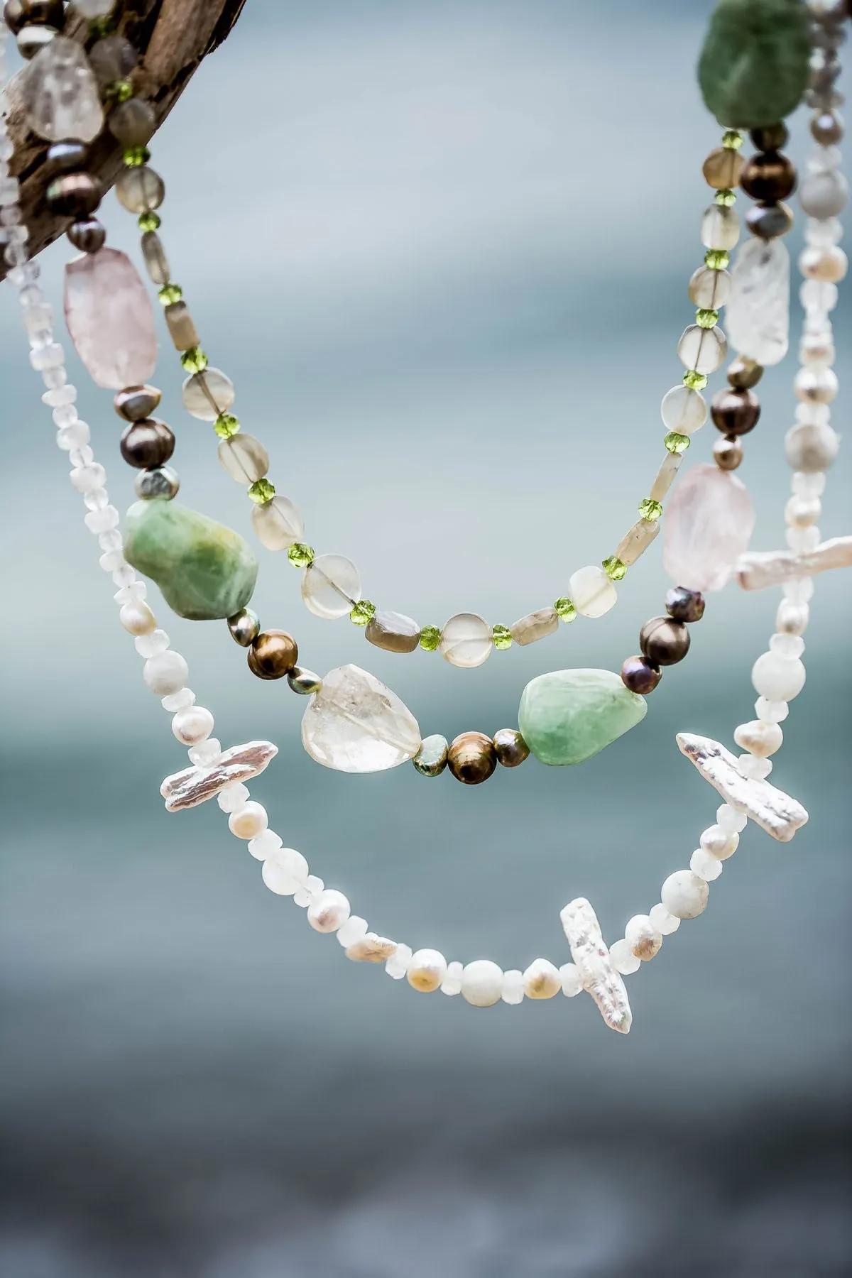 Aquamarine, Rose & Rutilated Quartz Silver Necklace