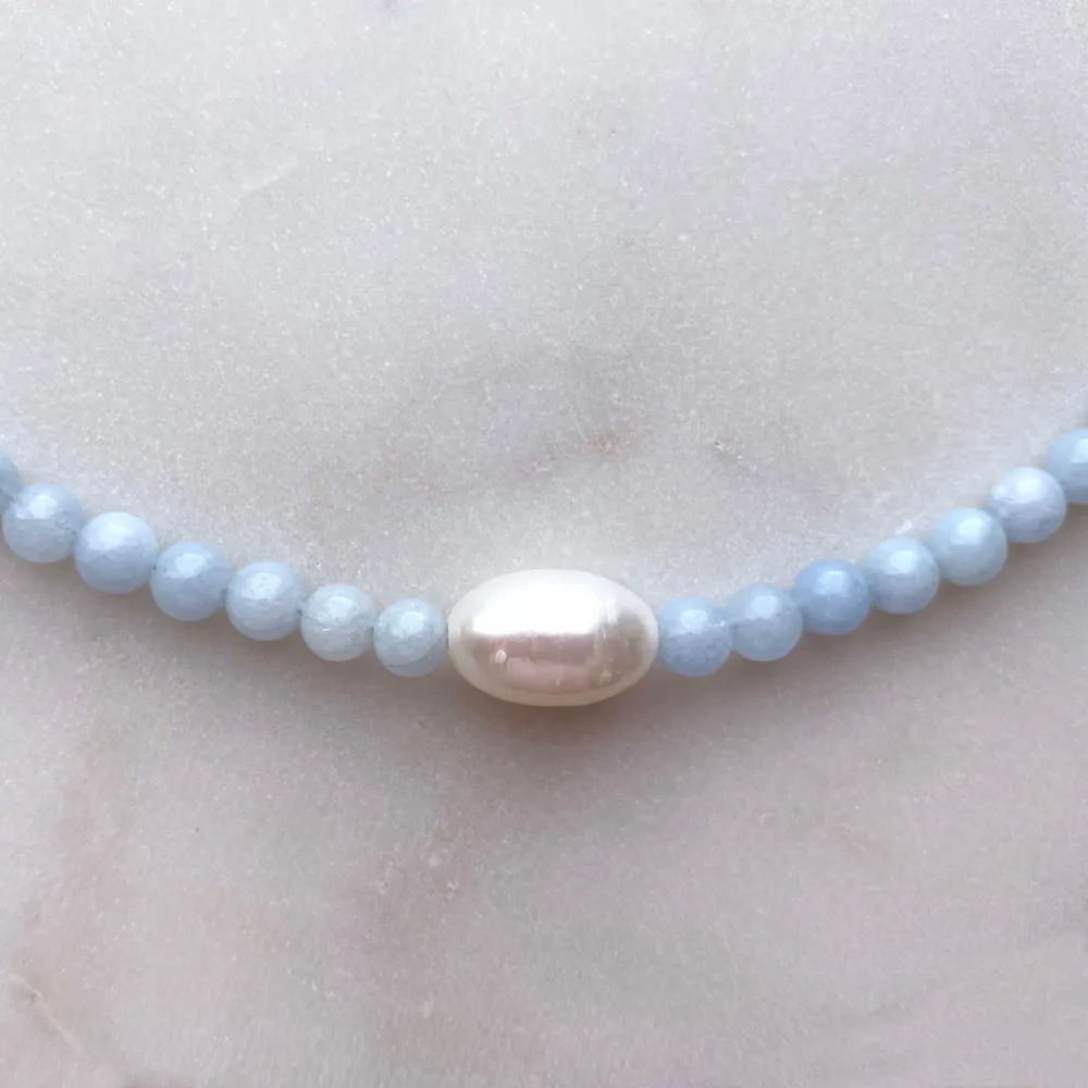 Aquamarine Round Beads and a Large Freshwater Pearl Sterling Silver Necklace Handmade Boho Beach Jewelry