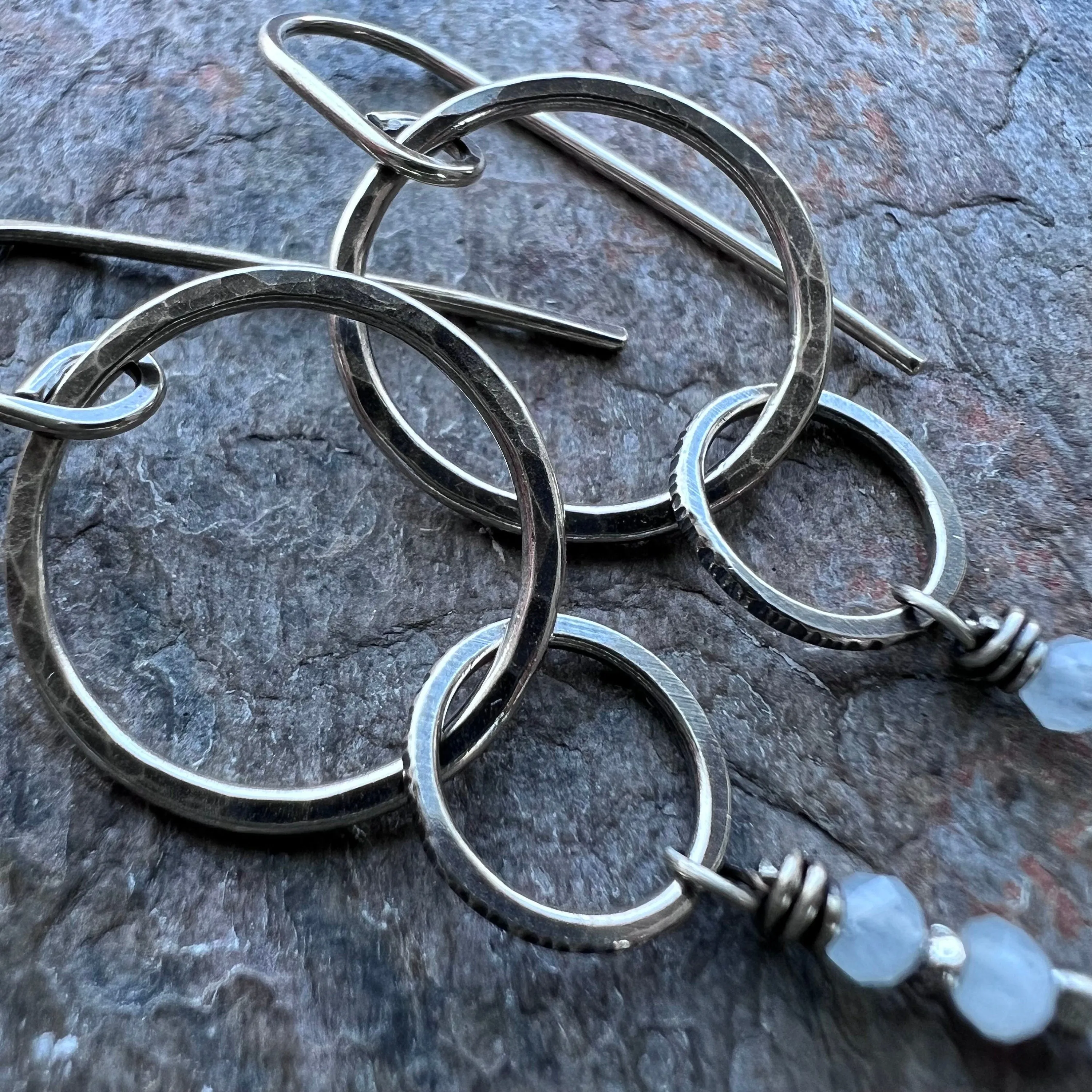 Aquamarine Sterling Silver Earrings - Genuine Aquamarine Rondelles and Hammered Sterling Silver Circle Earrings