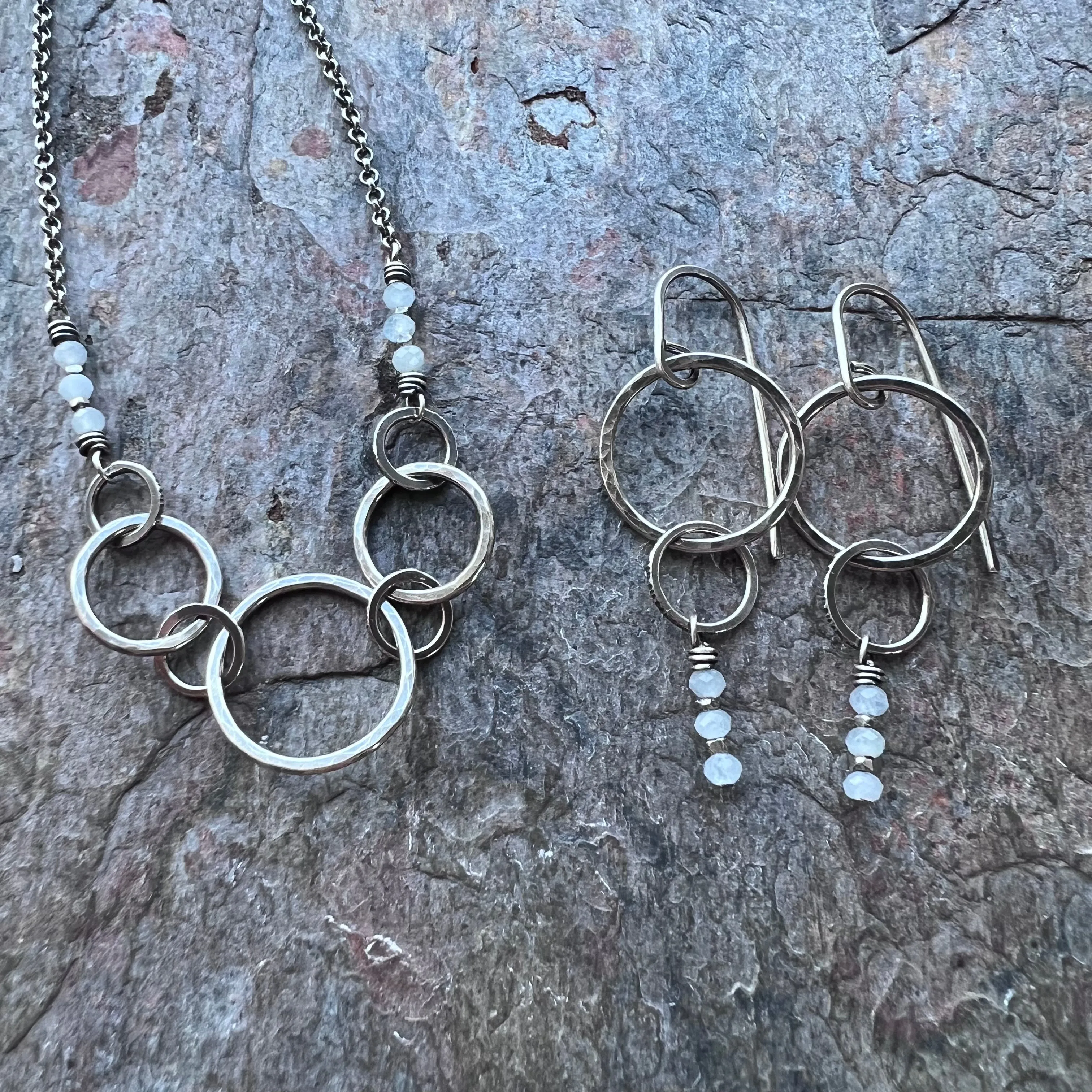 Aquamarine Sterling Silver Earrings - Genuine Aquamarine Rondelles and Hammered Sterling Silver Circle Earrings