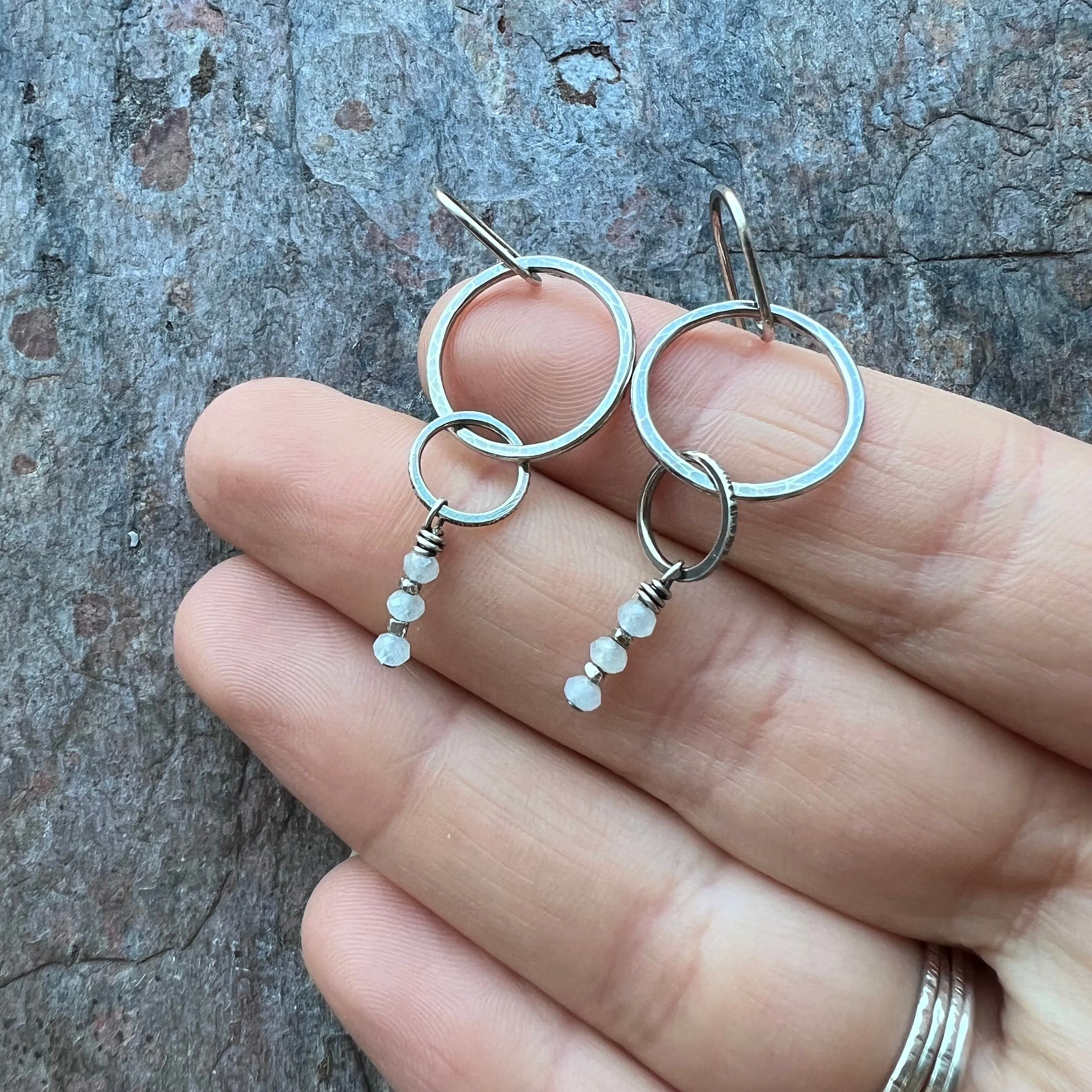 Aquamarine Sterling Silver Earrings - Genuine Aquamarine Rondelles and Hammered Sterling Silver Circle Earrings