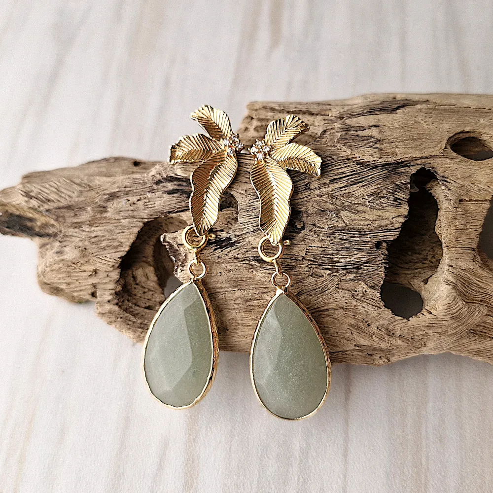 Banana Leaf Studs with Detachable Teardrop Green Jade Dangles