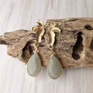 Banana Leaf Studs with Detachable Teardrop Green Jade Dangles