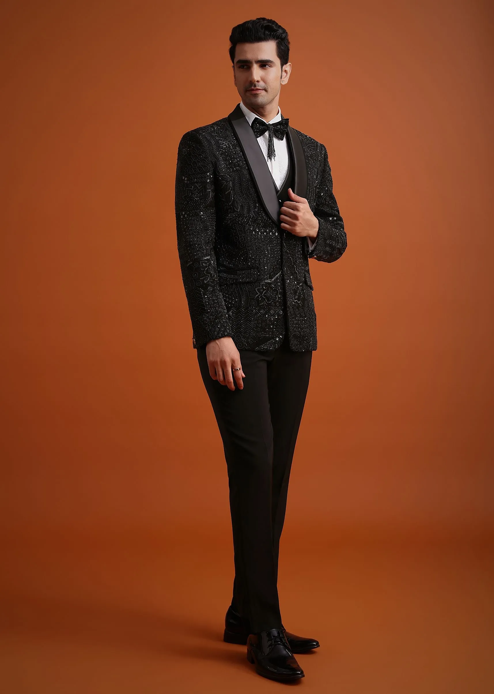 Black Cutwork Stone Embellished Tuxedo Set