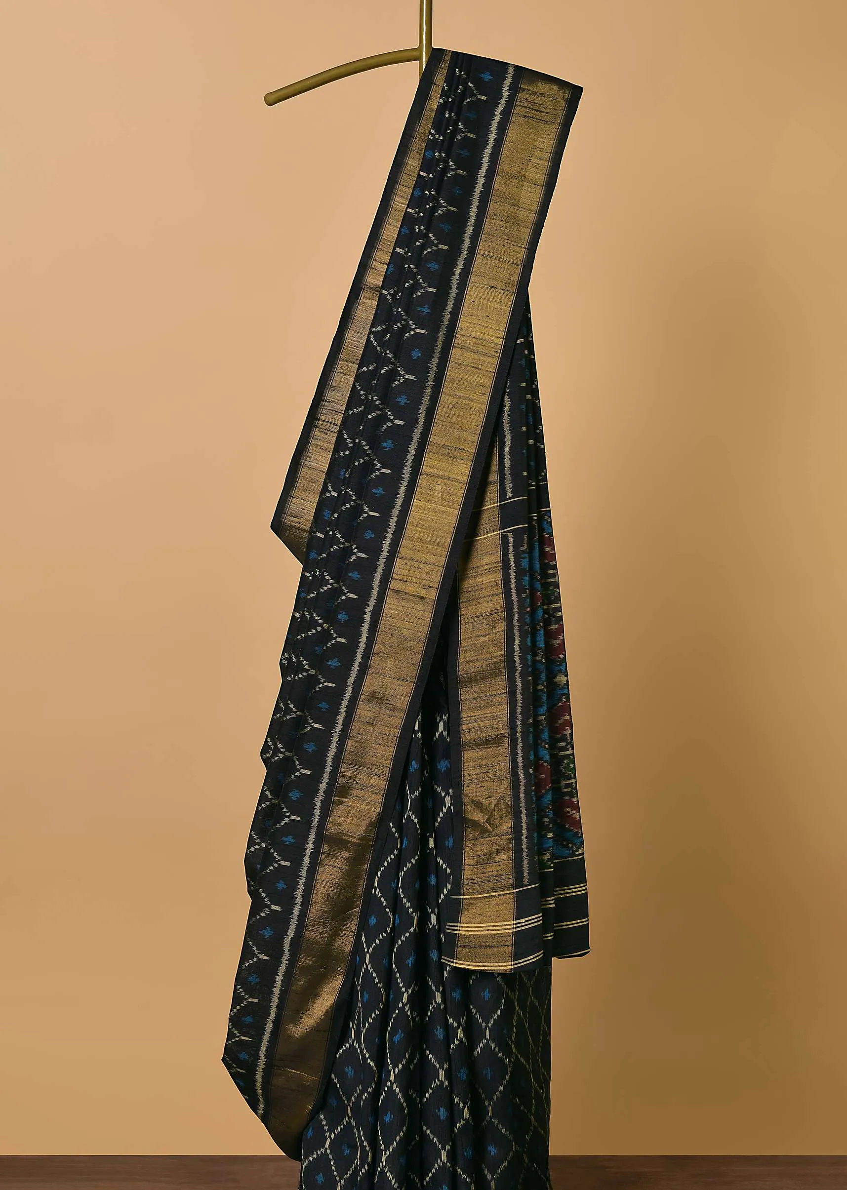 Black Dupion Silk Saree With Ikat Patola Work And Unstitched Blouse Fabric