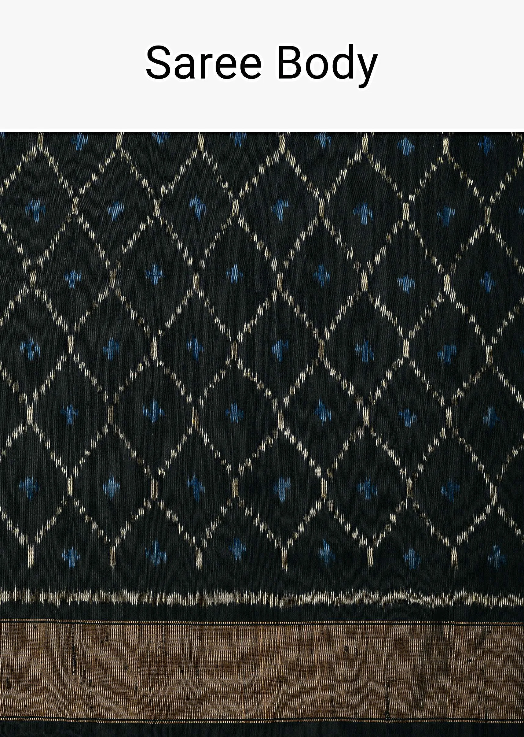 Black Dupion Silk Saree With Ikat Patola Work And Unstitched Blouse Fabric