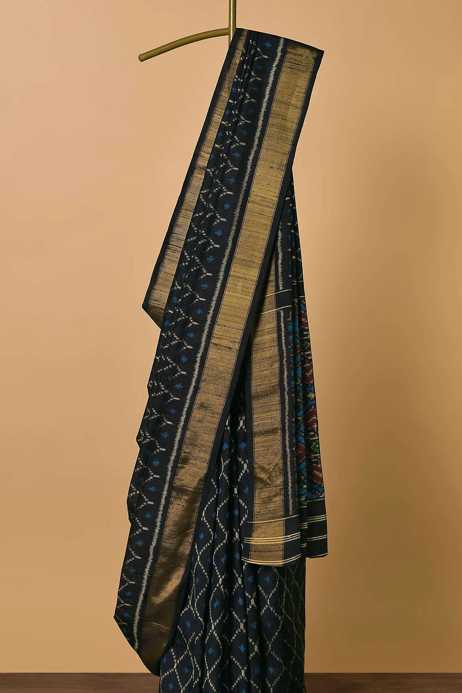 Black Dupion Silk Saree With Ikat Patola Work And Unstitched Blouse Fabric