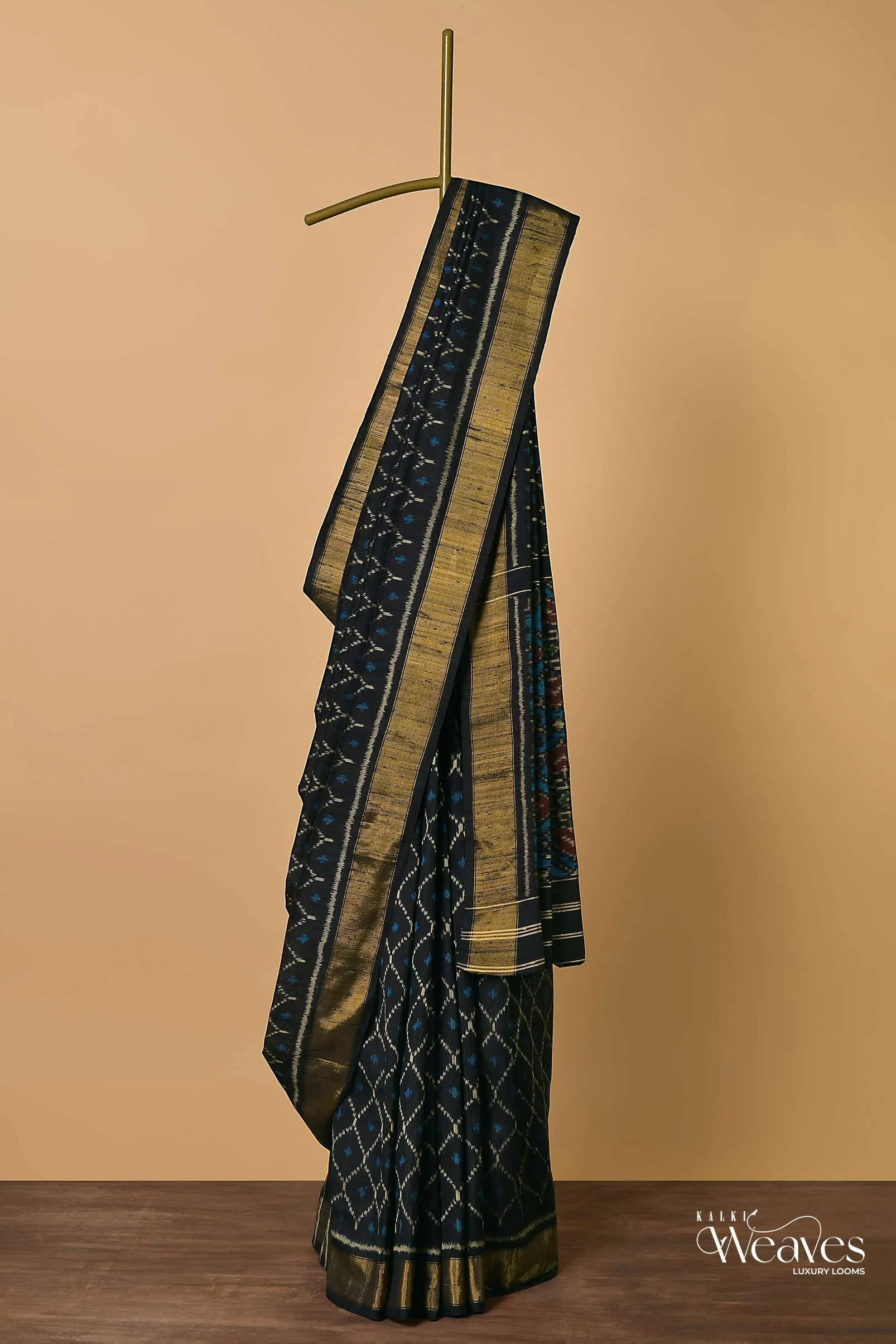 Black Dupion Silk Saree With Ikat Patola Work And Unstitched Blouse Fabric