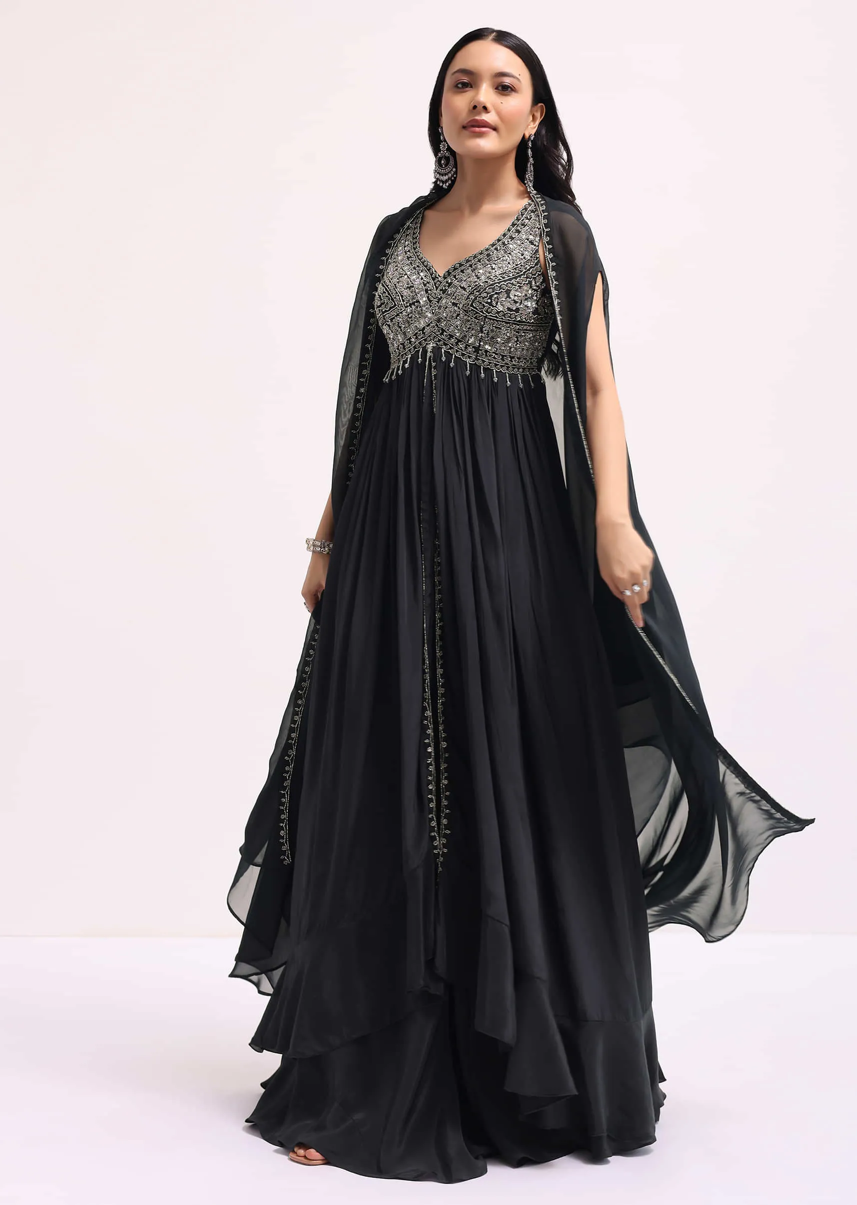 Dark Grey Embroidered Organza Kurta Lehenga Set
