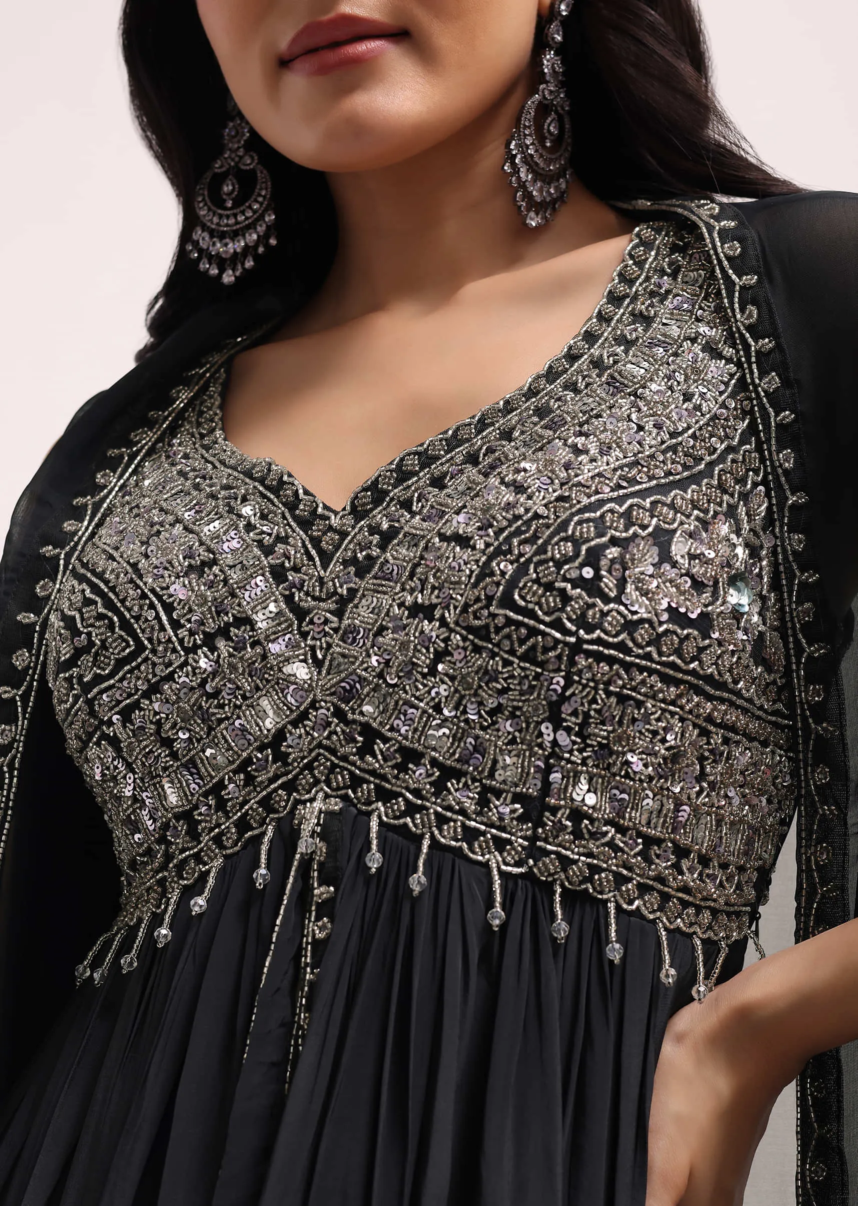Dark Grey Embroidered Organza Kurta Lehenga Set