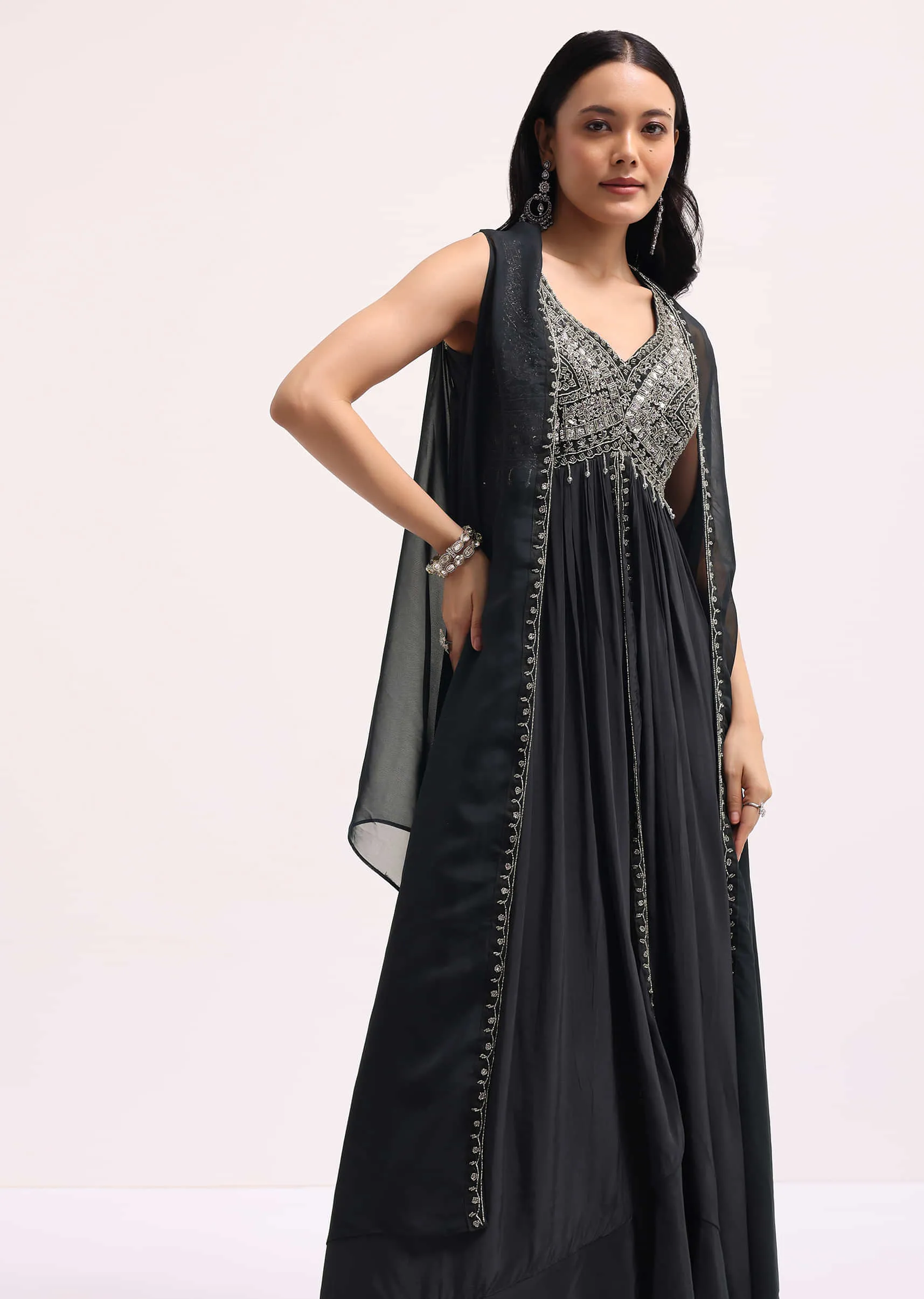 Dark Grey Embroidered Organza Kurta Lehenga Set