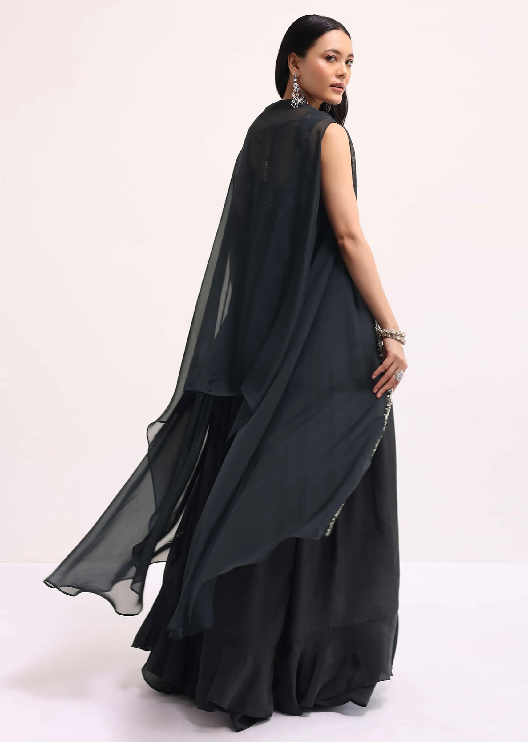 Dark Grey Embroidered Organza Kurta Lehenga Set