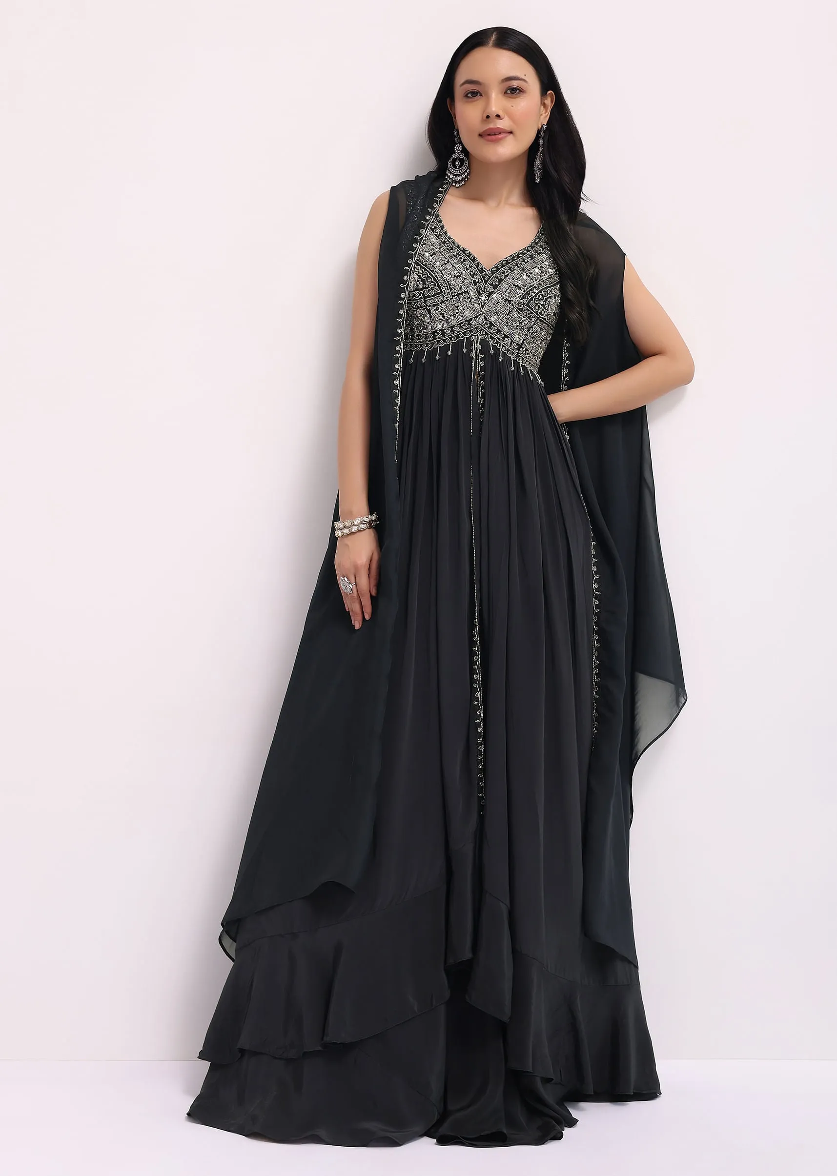Dark Grey Embroidered Organza Kurta Lehenga Set