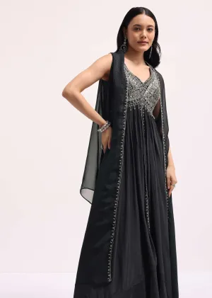 Dark Grey Embroidered Organza Kurta Lehenga Set