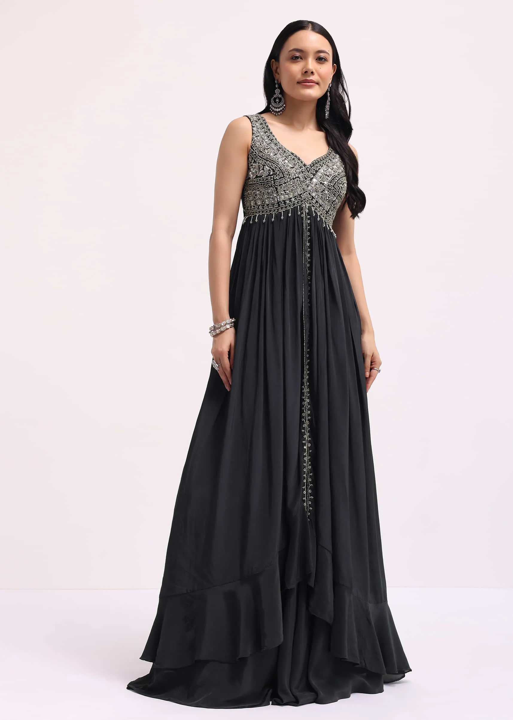 Dark Grey Embroidered Organza Kurta Lehenga Set