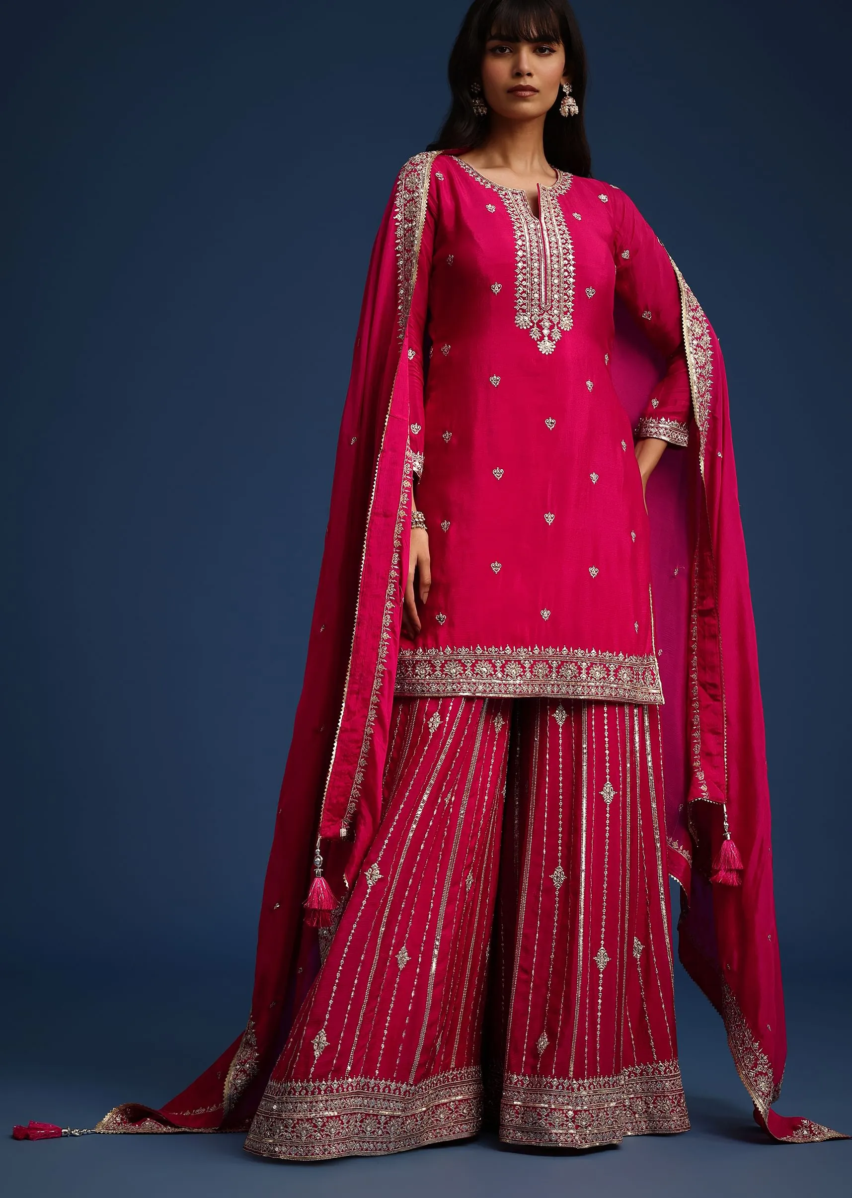 Dark Pink Sequin Embellished Kurta Palazzo Set In Chinon
