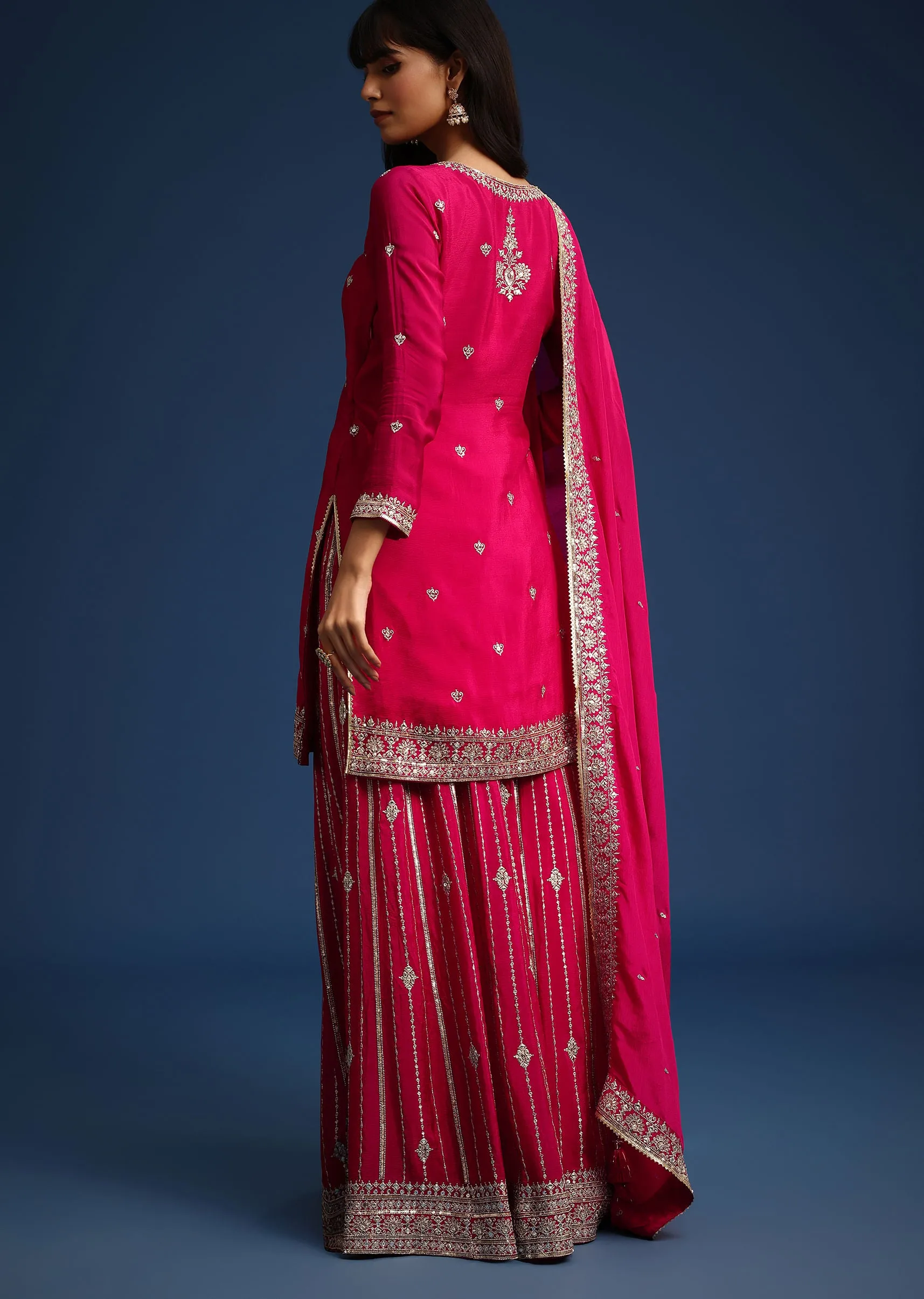 Dark Pink Sequin Embellished Kurta Palazzo Set In Chinon