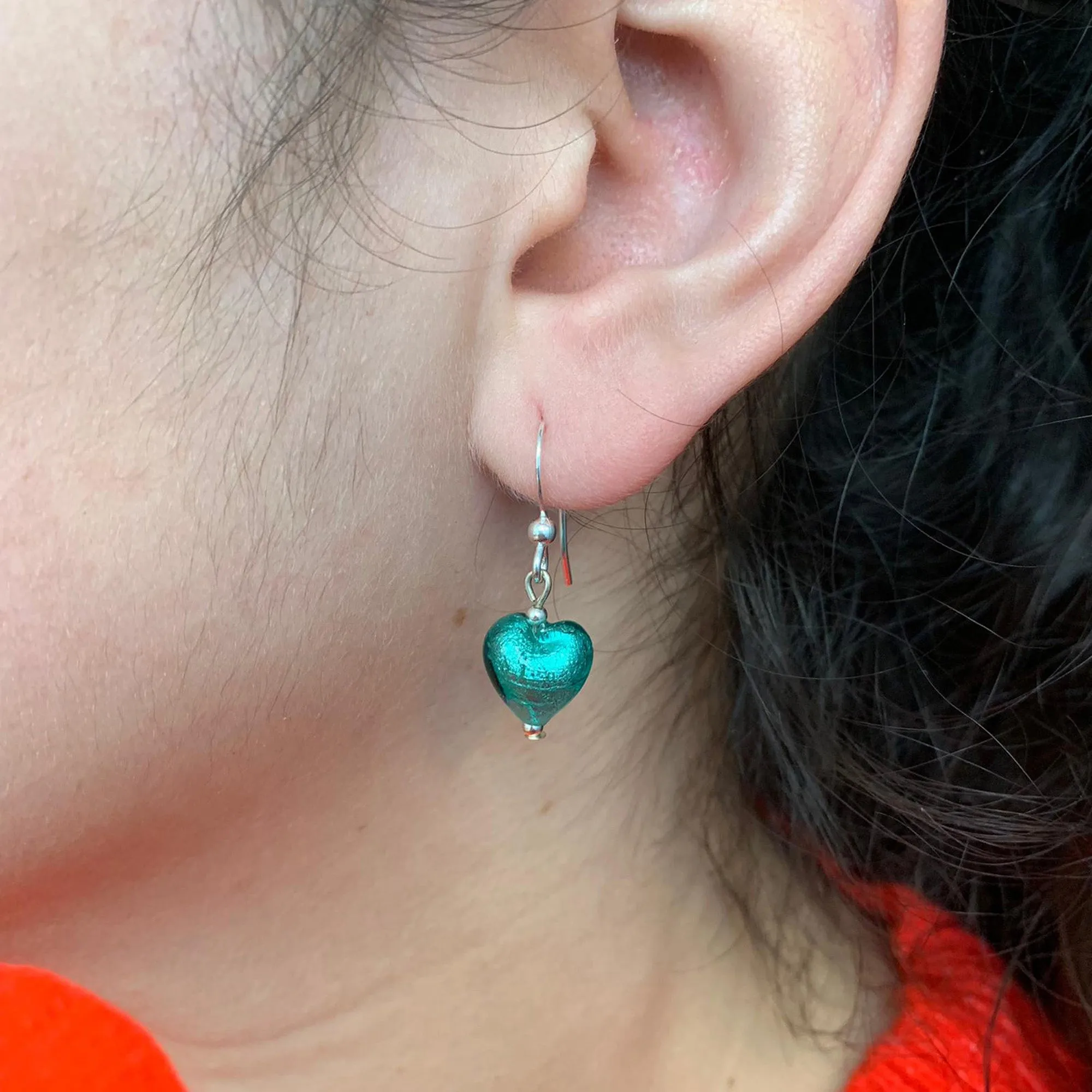 Earrings with teal (green, jade) Murano glass mini heart drops on silver or gold hooks