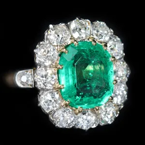 French Edwardian 3.67 Carat Colombian Emerald and Diamond Ring