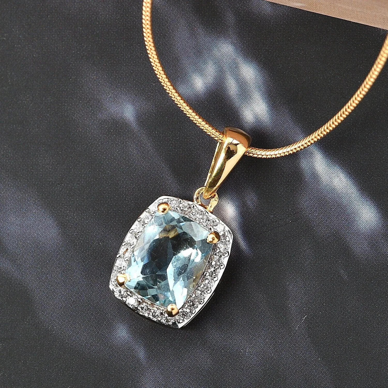 Genuine Aquamarine Halo Pendant, Cushion exotic Gemstone Necklace, 925 Sterling Silver Halo Pendant, Yellow Gold, March Birthstone