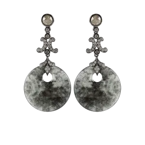 Gray Jade and Diamond Round Earrings