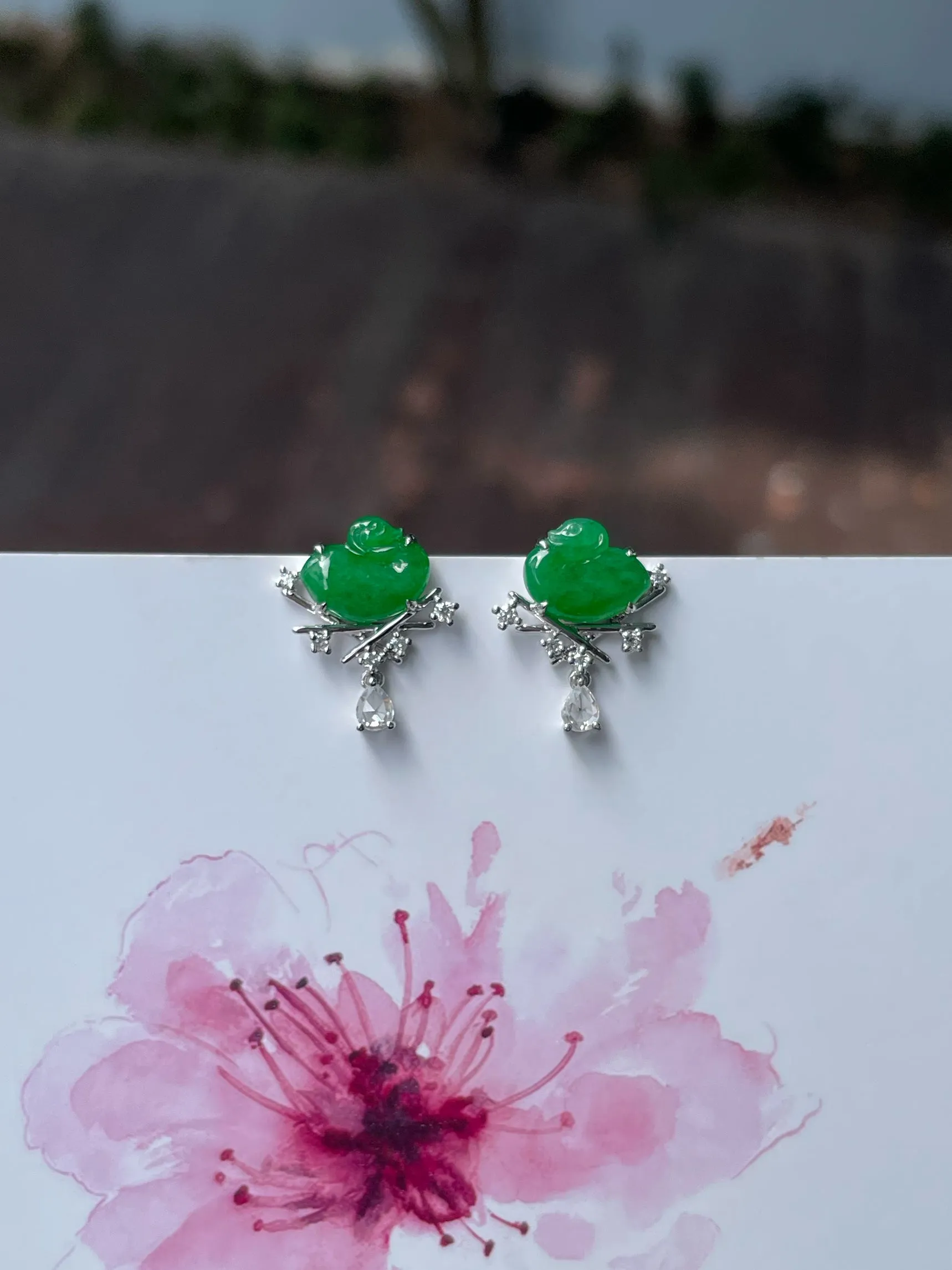 Green Jade Earrings - Swans (NJE211)