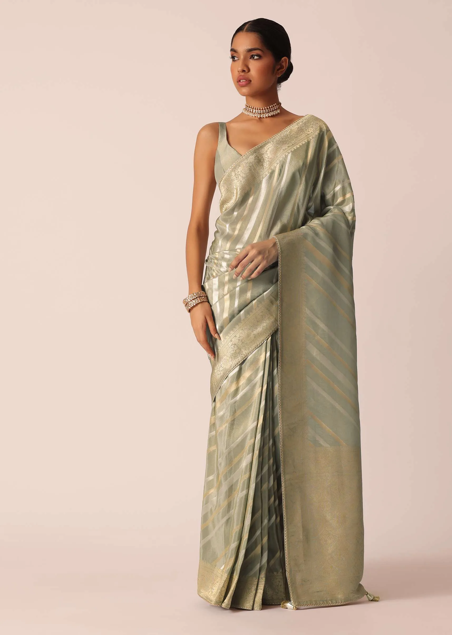 Green Saree In Silk With Diagonal Stripes Pattern And Unstitched Blouse Piece