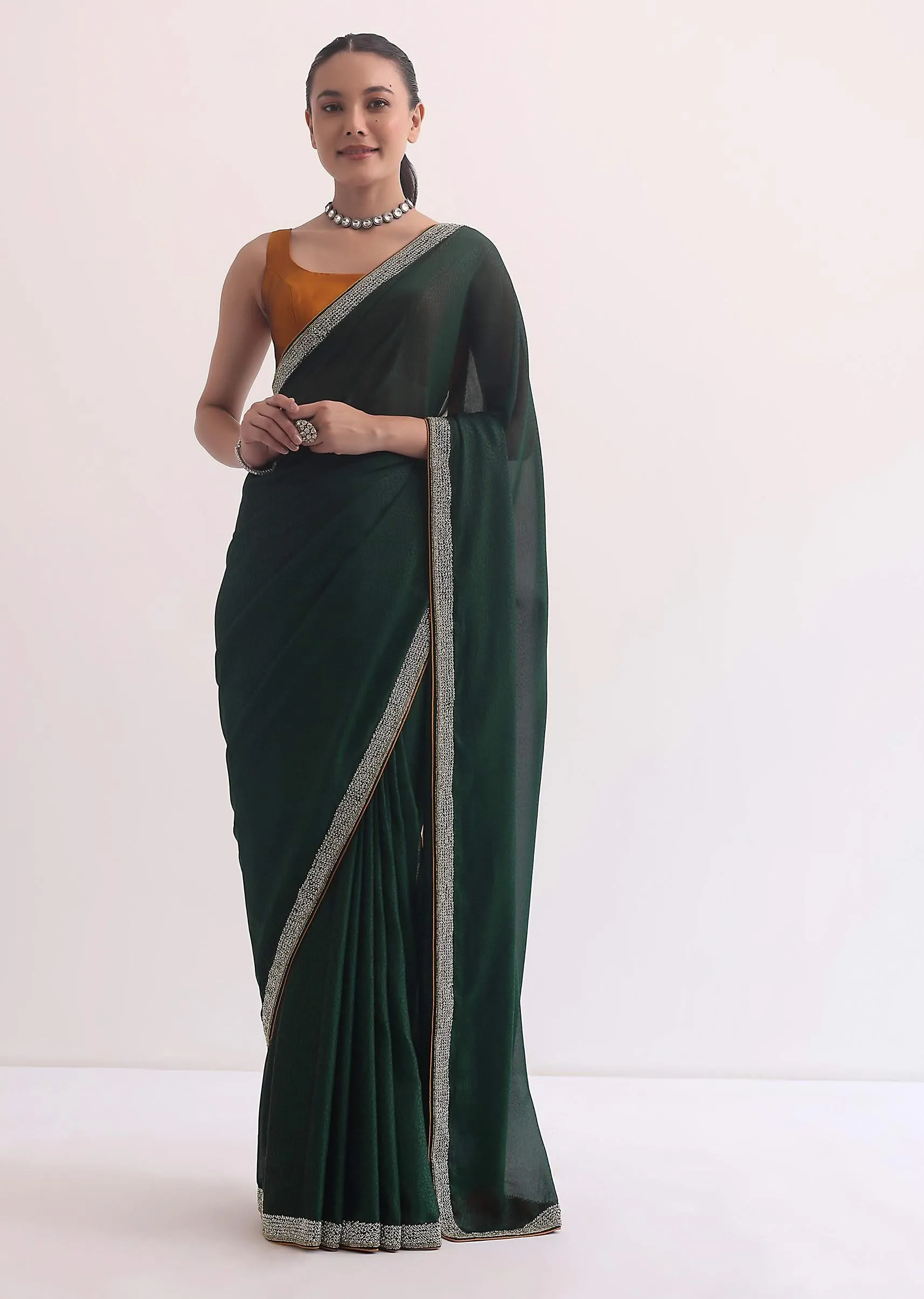 Green Satin Saree In Stone Studded Embroidery With Unstitched Blouse