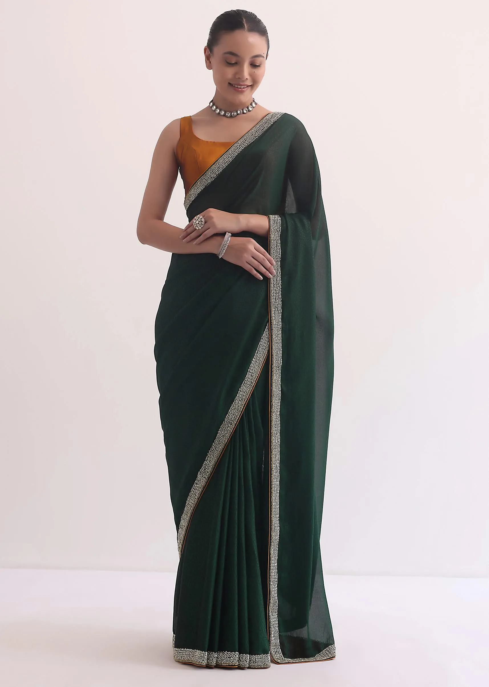 Green Satin Saree In Stone Studded Embroidery With Unstitched Blouse