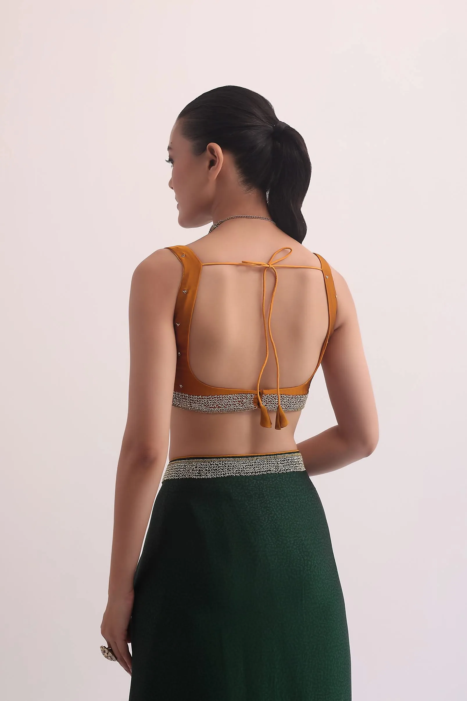 Green Satin Saree In Stone Studded Embroidery With Unstitched Blouse