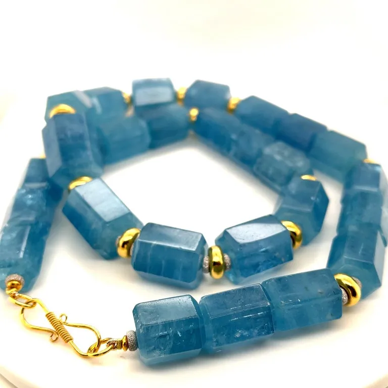 Hexagonal Aquamarine Beaded Necklace with 18k Gold Accents