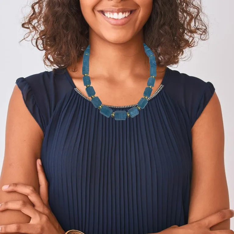 Hexagonal Aquamarine Beaded Necklace with 18k Gold Accents