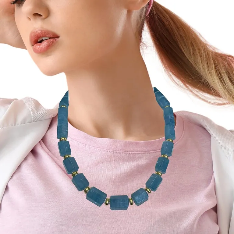 Hexagonal Aquamarine Beaded Necklace with 18k Gold Accents