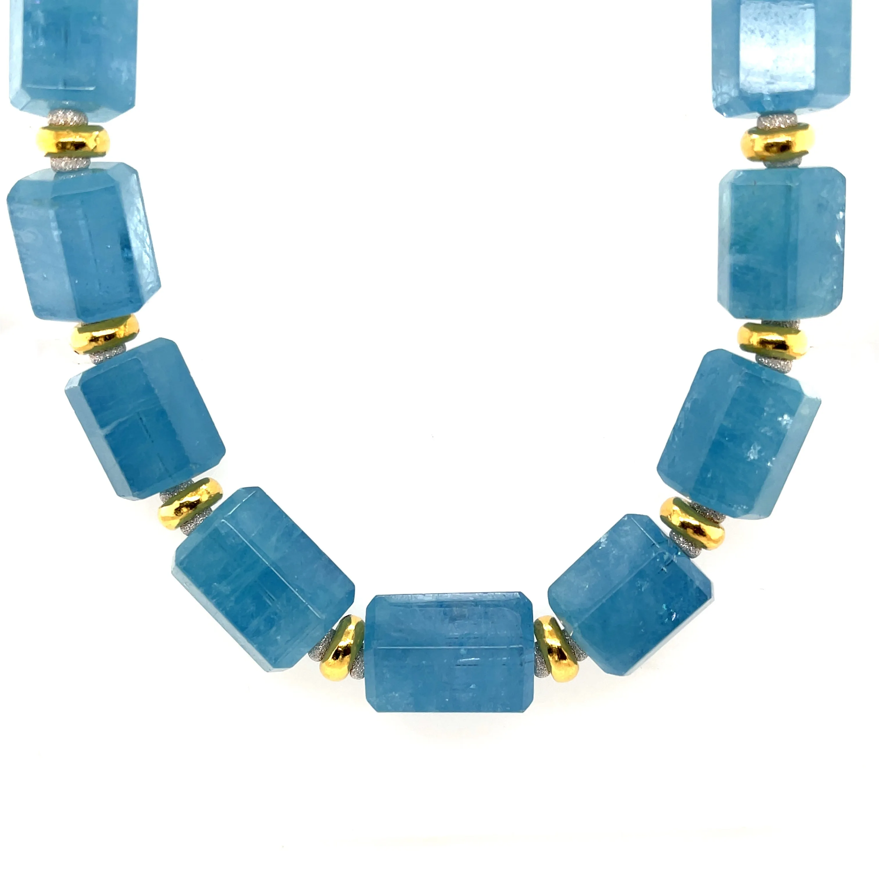 Hexagonal Aquamarine Beaded Necklace with 18k Gold Accents